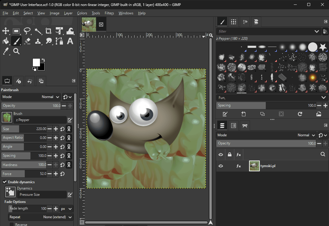 GIMP's User Interface with the classic Pepper brush selected.